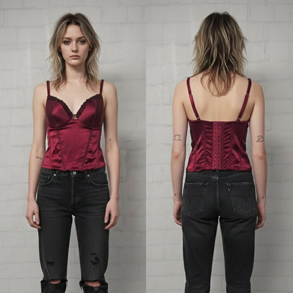 Vintage Mark & Spencer Tank Corset Red Silk Lace Whimsigoth Indie Sleeze 36D
